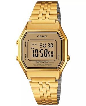 Casio Gold Digital Retro Watch Mirror Face Bracelet Illuminator 24H Gold NWT